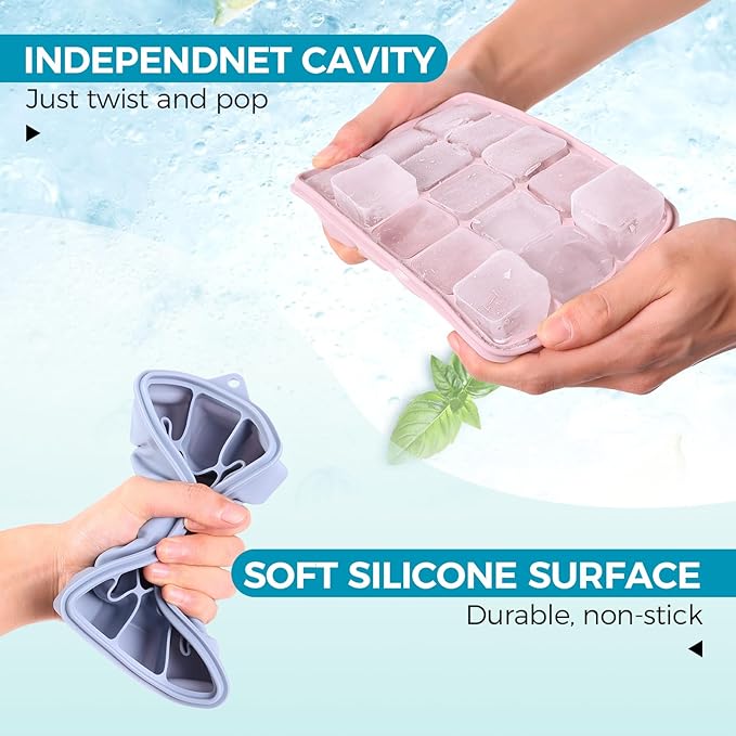Silicone Ice Cube Trays with Lids 3-Pack, 15-Cavity Ice Tray Set for Freezer, Easy-Release BPA-free Ice Cube Mold for Whiskey, Coffee, Cocktails and More (3, Green+Blue+Pink)