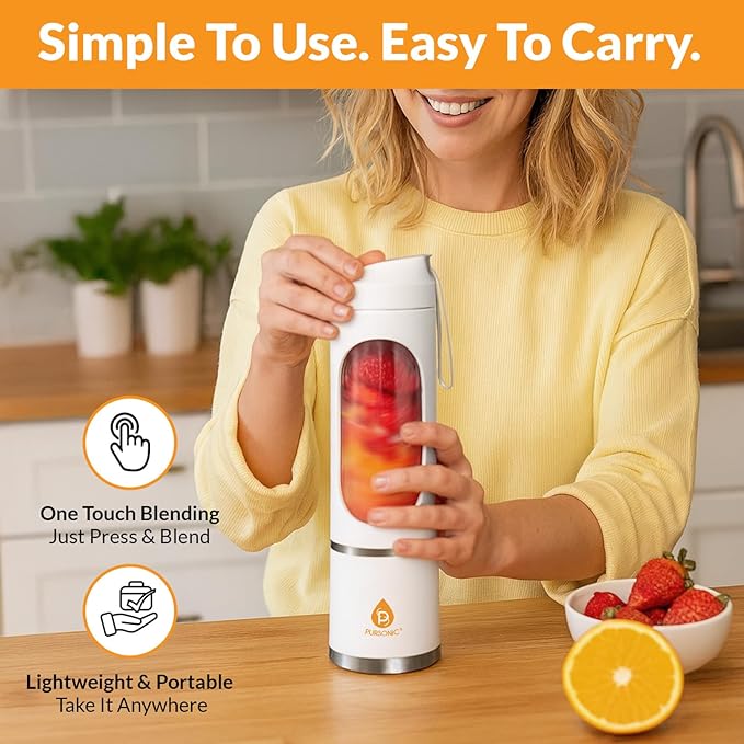 Pursonic Portable Juicer & Blender Cup – USB C Charging Mini Smoothie Blender with 50W Motor, 12-Blade Power System, 3 Speeds – Personal Juice & Smoothie Maker (15.2 oz)