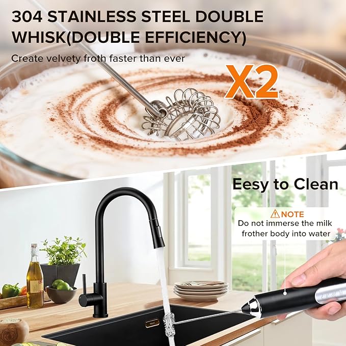 Milk Frother Handheld, 3-Speed Frother Wand Rechargeable, with 3 Detachable Whisks, Coffee Frother for Coffee,Latte, Cappuccino, Matcha, Hot Chocolate & Eggs, Electric Whisk Drink Mixer (Black)