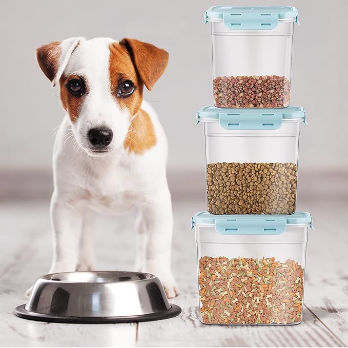 Patelai 6 Pcs Dog and Cat Food Storage Containers with Scoops Set Plastic Pet Food Storage Containers Stackable Airtight Dry for Kitchen 1.27 Qt, 2.4 Qt, 4 Qt(Blue)
