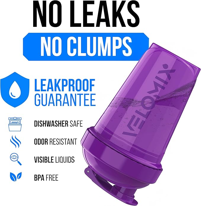 VELOMIX -4 PACK- 20 oz Protein Shaker Bottle for Protein Mixes - 4x Wire Whisk | Leak Proof Shaker Cups for Protein Shakes | Stackable Protein Shaker Bottle Pack | Dishwasher Safe (Purple Bloom)