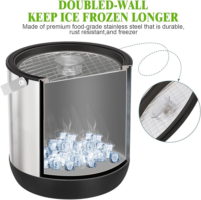 7QT/6.8L Large Insulated Ice Bucket for Parties, Double-Wall Beverage Bucket with Scoop & Lid,Keeps Champagne, Wine, Beer Chill for Parties (Black)