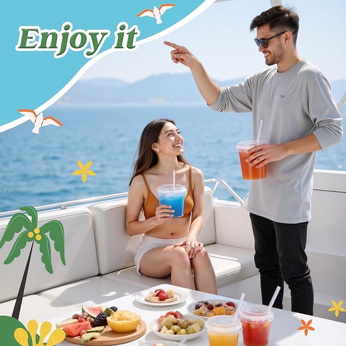 Clear Plastic Cups with Lid and Straw, Reusable Drink Bucket with Handle for Iced Coffee, Smoothie, Ice Cream - Sturdy Food Safe Party Cups for Pool, Beach, Birthday Parties (50Pack, 32 oz)