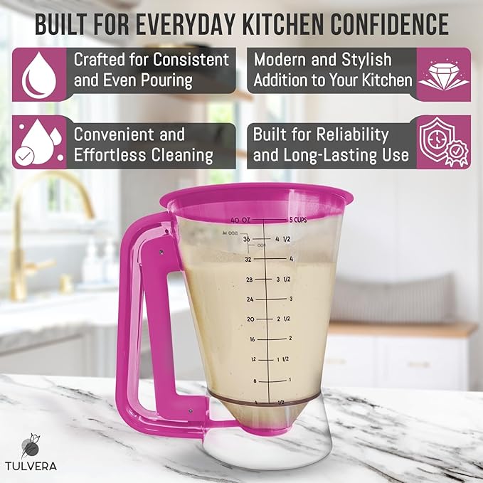 Pancake Batter Dispenser | 5-Cup Mix Pourer for Pancakes, Waffles, Crepes, Muffins, Cupcakes | Squeeze Handle, Portion Control Pitcher, Durable Drip-Free Design | Baking Accessories (Raspberry Purple)