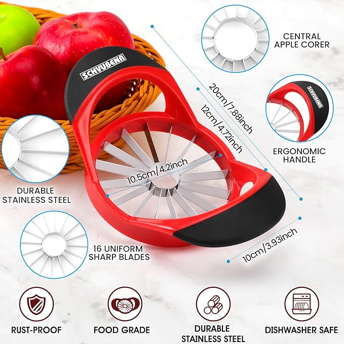 SCHVUBENR 16-Blade Apple Slicer and Corer - 4.72 Inch Sharp Stainless Steel Apple Cutter - Professional Apple Divider Tool for Quick Slices - Easy to Use & Clean - Slice Fruits with Ease - Red