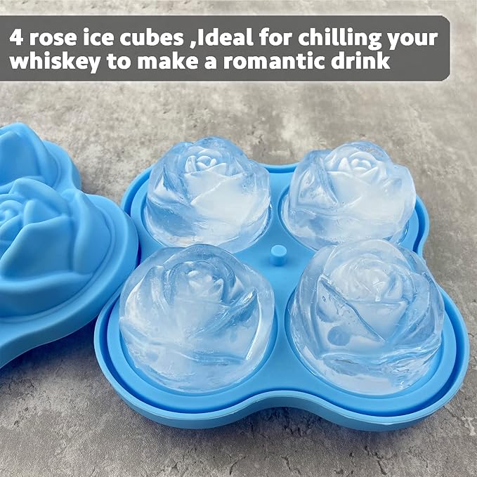 CAMKYDE Rose Ice Cube Tray 2.5 Inch [1 Mold + 1 Funnel + 4 Stoppers], 4 Cavity Silicone Rose Ice Cube Mold for Whiskey, Chilling Cocktails, Bourbon, Juice (Blue)