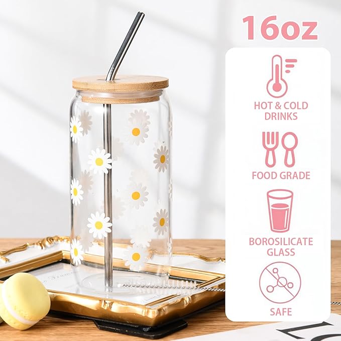 ANABIUP Cute Glass Cups with Lids and Straws, Daisy Flower Iced Coffee Smoothie Matcha Cup Tumbler Birthday Gifts for Women Sister Friend Her Preppy Teenage Girls Teen Girl Gifts Trendy Stuff Things