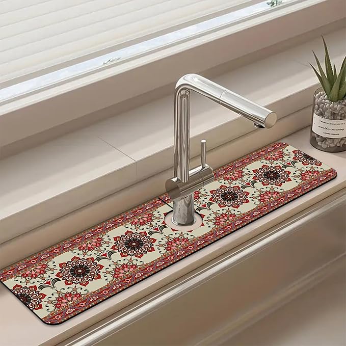 Sink Faucet Absorbing Mat Red Retro Boho Sink Splash Guard Drying Mat for Kitchen Bathroom Faucet Sinkmat 23.5"X5.5"