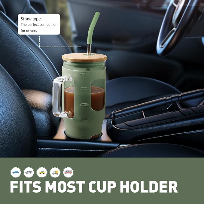WINSA Glass Tumbler with Lid, 32 oz Glass Cup with Handle, Glass Water Bottles with Time Marker, 2 Straws - Pearl Straw & Silicone Protective Sleeve - Olive