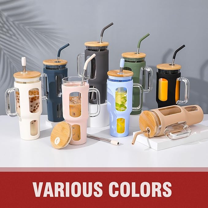WINSA Glass Tumbler with Lid and Straw, 46 oz Iced Coffee Cup with Handle, Large Water Bottles with Silicone Sleeve, Glass Cup with Straws - Pearl Straw & Drinking Straw BPA Free-Black
