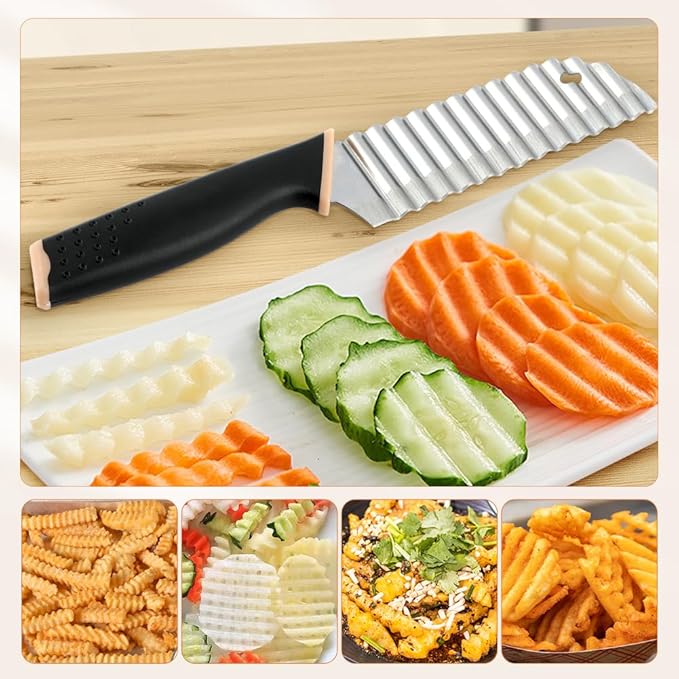 Crinkle Cutter Knife, Rubber Handle Stainless Steel Fries Cutter Slicer with Onion Holder, Vegetable Salad Chopping Knife Home Kitchen Wavy Blade Cutting Tool(Black)