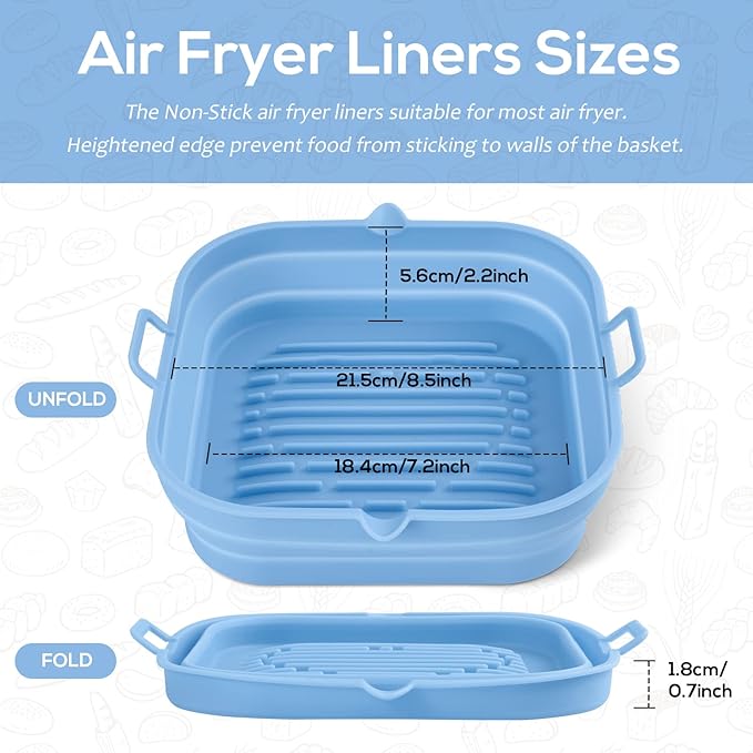 Silicone Air Fryer Liners Square - Reusable Airfryer Collapsible Basket - Easy to Clean Air Fryers Pot for 5.8 to 8 Qt Baking Tray Oven Accessories, 8.5 Inch Large