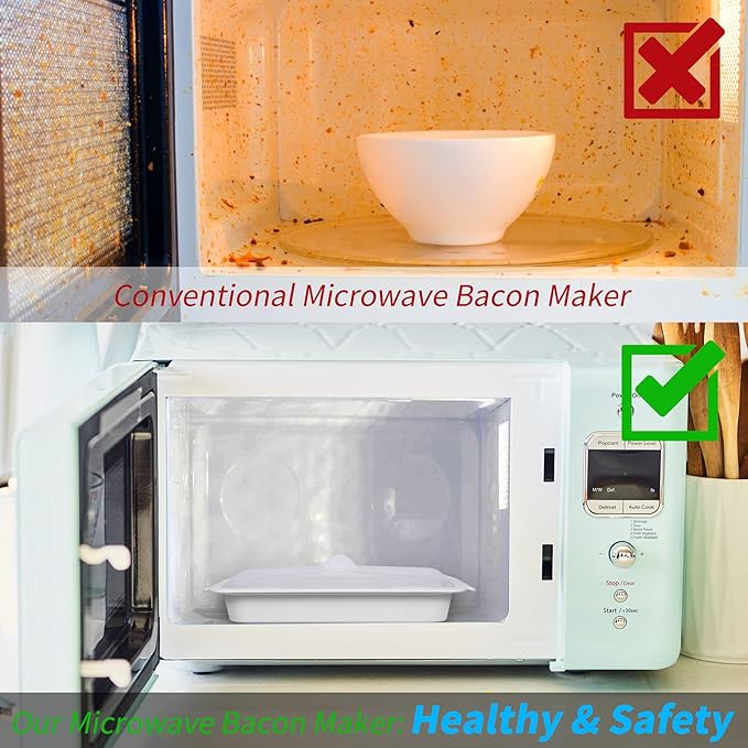 MMUGOOLER 2 Pack Microwave Easy Bacon Maker/Cooker with Lid, Safety, Quick and with No Mess, 11.3“ L x 9.0" W x 2.4" H- White