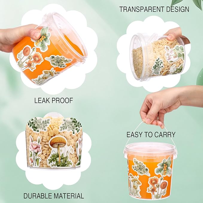 PerKoop 20 Pcs 32 oz Ice Cream Buckets with Lids and Handles Clear Cocktail Rum Buckets with Stickers Plastic Transparent Tub Reusable Food Storage Containers for Parties(Wildflower)