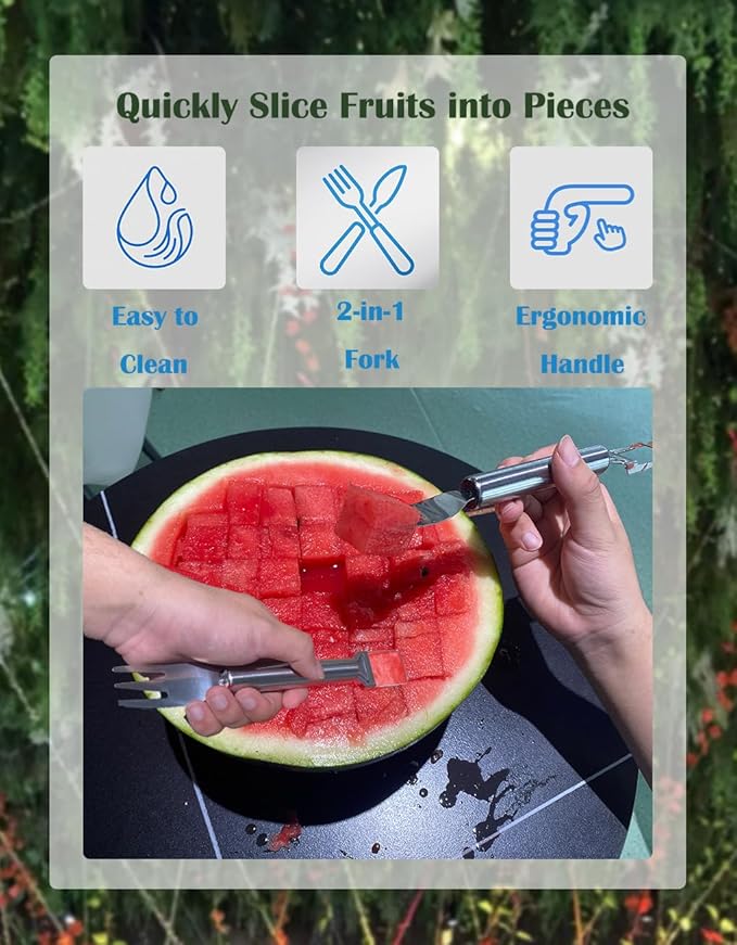 2-in-1 Stainless Steel Watermelon Fork Slicer, Portable Fruit Cutter Knife for Quick Melon Cubes, Kitchen Gadget for Summer Party, Picnic & Camping, Silver (1 Pack)