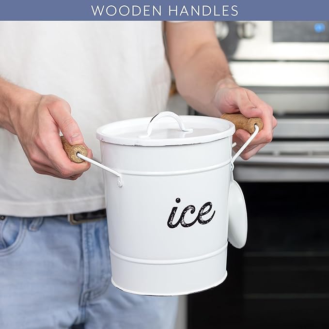 AuldHome Design Rustic Enamelware Ice Bucket; White Farmhouse Style Insulated Ice Server