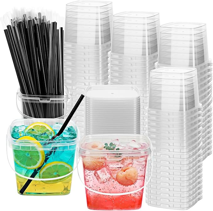 100 Pcs 17 oz Square Clear Drink Buckets with Lids and Straws Reusable Plastic Bucket Cups with Handle for Ice Cream Coffee Cocktail Large Food Safe Party Cup for Pool Beach Bar Birthday
