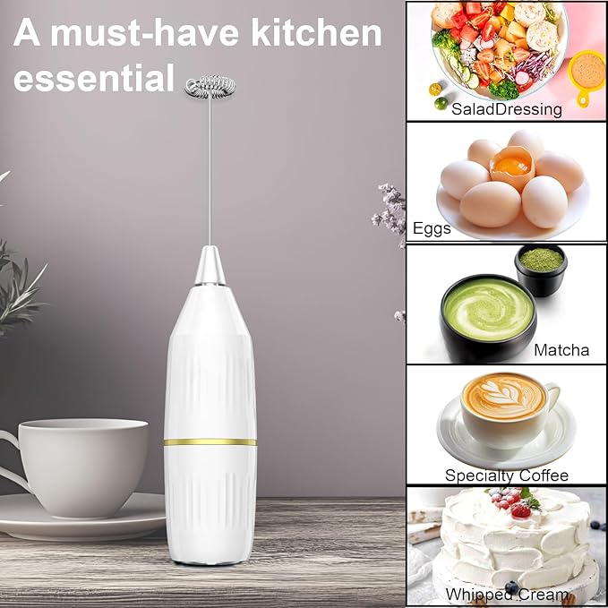 Milk Frother Handheld,Mini Drink Mixer and Coffee Blender Frother for Coffee Bar Accessories, Matcha Whisk,Latte, Cappuccino, Frappe, Hot Chocolate, Egg,Kitchen Essentials Gift (White)