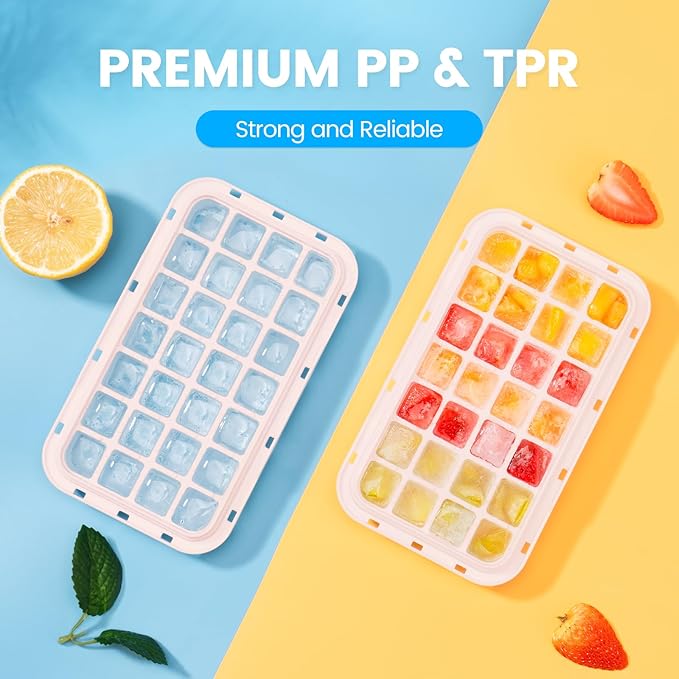 PHINOX Ice Cube Tray with Lid and Bin, Ice Trays for Freezer, Flexible Ice Cube Trays, Making 56 pcs Ice Cubes, Chilling Cocktail, Whiskey, Coffee, with 2 trays, Ice Container, Scoop&Cover, BPA Free