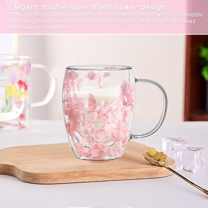 Gifts for Women Dried Flowers Double Wall Glass Coffee Mugs Cute Glass Tea Cups with Handles Autumn Mug Christmas Birthday Gifts for Best Friend Teacher Mum Gift New Home Gift Ideas Home Decor