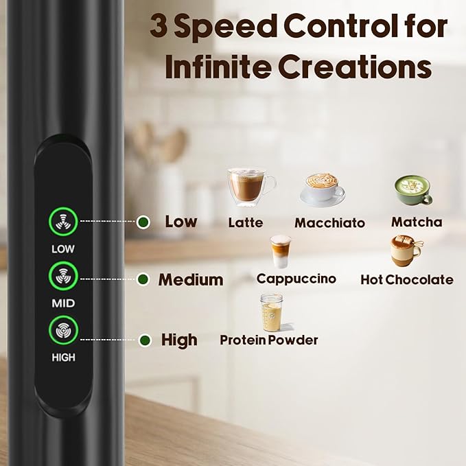Rechargeable Milk Frother Handheld with 3 Speed, 3 Detachable Whisks with Stand, Electric Coffee Drink Mixer Wand for Cappuccino, Latte, Matcha, Hot Chocolate, Eggs,Protein Black