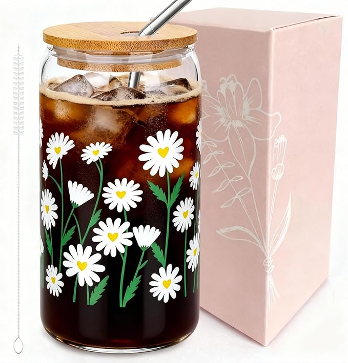 JOYMIA Glass Cups with Lids and Straws — 2026 Update Daisy 16oz Cute Glass Cups Daisy Flower Design Tumbler for Iced Coffee, Smoothies & Juice, Leakproof & BPA-Free, Gift for Women,Mother