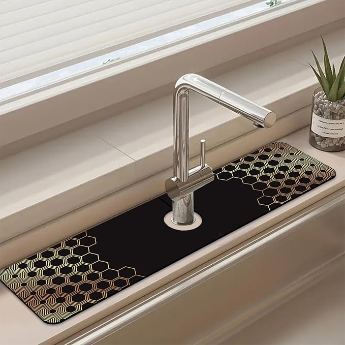 Sink Splash Guard Faucet Mat Black Gold Honeycomb Absorbent Fast Drying Mat Sink Gadgets Splash Guard Behind Faucet Drip Catcher for Kitchen Bathroom 23.5"X5.5"