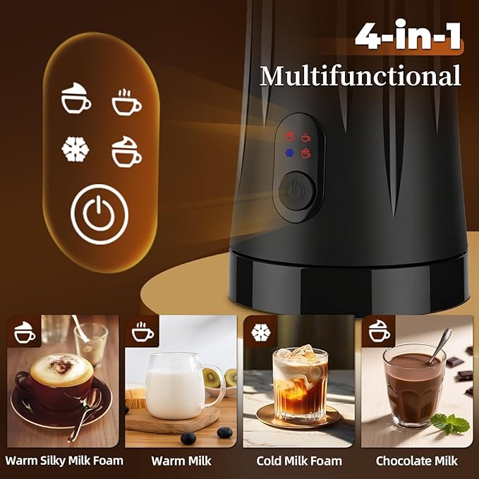 4-in-1 Milk Frother, Liksiy Milk Frother and Steamer, Auto Shut-Off Coffee Frother with Hot & Cold Foam, Quiet Design Frother Machine for Latte, Cappuccino, Macchiato