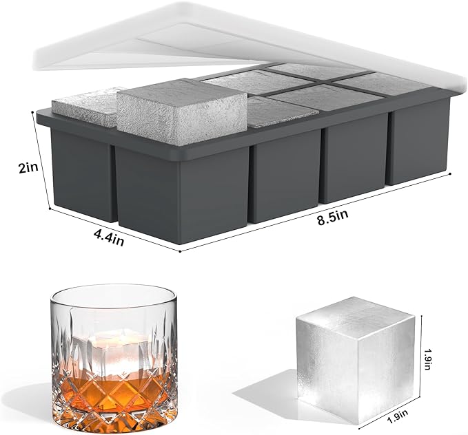 Bangp Silicone Ice Cube Trays with Metal Reinforced Frame(3 Pack),Large Ice Cube Tray with Lid,Easy Release Whiskey Ice Cubes Mold,Ice Trays for Freezer,Stackable Ice Cube Tray(Grey)