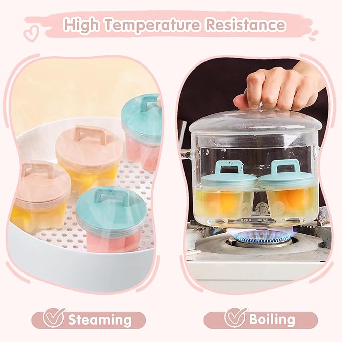 Egg Poacher Cups, 4 Pcs Poached Egg Cooker with Lid and Oil Brush Egg Coddler 4 Shapes Reusable Egg Molds, BPA Free Nonstick Egg Poaching Cups for Boiled Eggs Without Shell, Pink