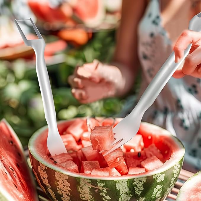 2-in-1 Stainless Steel Watermelon Fork Slicer Cutter - 2PC Double Pack, 2024 Upgrade, Dual Head Fruit Fork Slicer for Effortless Summer Fruit Cutting at Home, Parties, and Camping