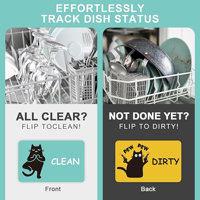 Funny Black Cat Clean Dirty Dishwasher Magnet - Cute Refrigerator Kitchen Magnet, Non-Scratch Strong Double Sided Washing Machine Sign, Housewarming Gifts for Cat Lovers, Home Apartment Essentials (Green&Yellow)