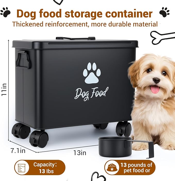 Dog Food Container 13lb, Cute Airtight Pet Food Storage Containers with Metal Lid Scoop, Black Metal Storage Bin for Dog/Cat with Wheels,Easy to Move