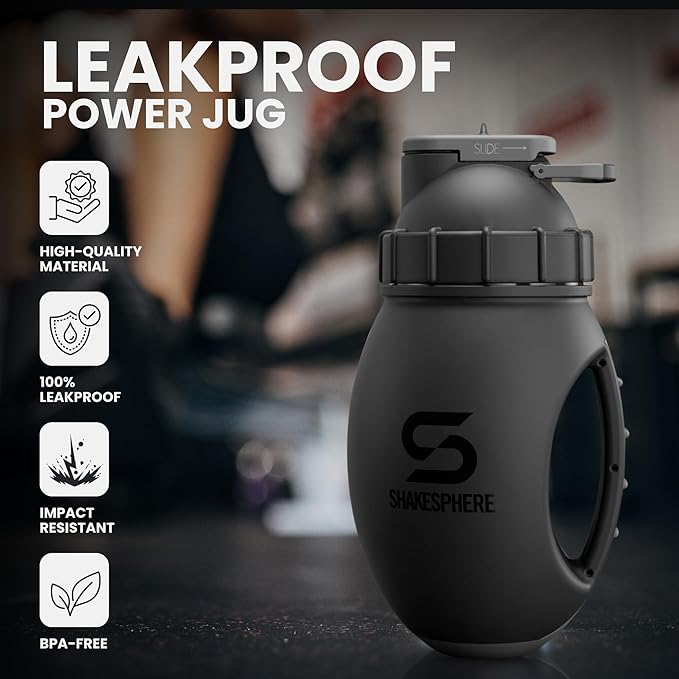 SHAKESPHERE Protein Shaker Bottle Jug 1.3L – Double Walled, Leak Proof Gym & Mixer Bottle, BPA-Free, Durable Design with Easy-Grip Handle, Silicone Base, and Clear Viewing Window – Matte Black