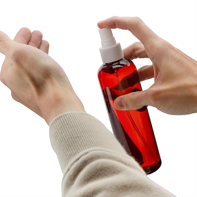 Cornucopia Brands 8oz Amber Brown Plastic Spray Bottles with White Fine Mist Atomizers (Pack of 6) Brown Plastic Spritzer Bottles