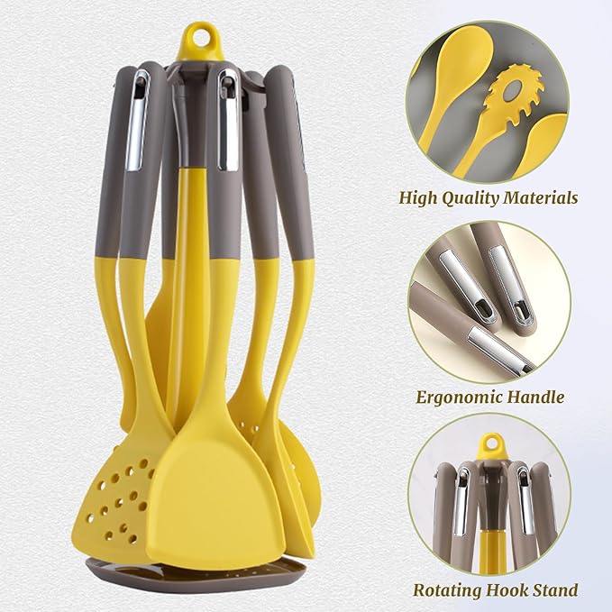 Cooking Utensils Set for Kitchen,7PCS Silicone Utensil Set with Rotating Storage Stand, Non Stick Utensil Tool and Gadget Set with Ergonomic Handles, Heat Resistant Kitchen Essentials (Yellow)