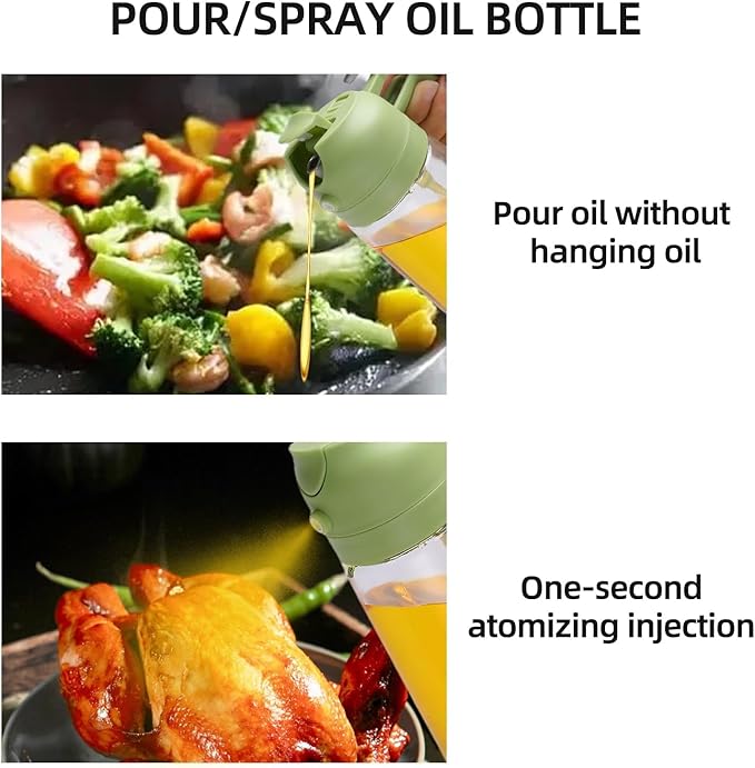 Aovdy Oil Sprayer for Cooking 16oz,2 in 1 Olive Oil Dispenser and Oil Sprayer - 470ml Olive Bottle Spray and Pour - Glass Oil Dispenser for Kitchen Cooking Salad BBQ (2PCS-White & Green)