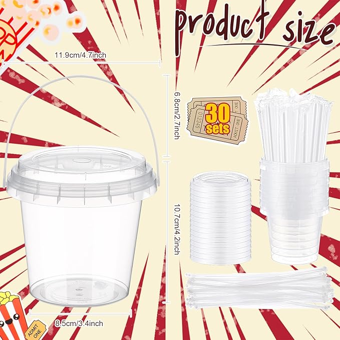 Funnymoom 30 Set Movie Night Clear Plastic Cups with Lids & Straws 24oz Disposable Rum Drink Buckets Bulk for Cocktail Parties with Handles & Stickers for Holiday Birthday Beach Pool Party Supplies