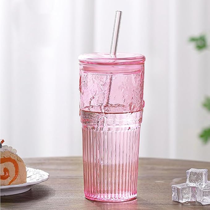 JunVpic Glass Coffee Cups with Lids and Straws, 20 OZ Pink Iced Water Glasses Tumblers for Ice Juice, Tea, Milk, Smoothie and Cold or Hot Drinks, Set of 2