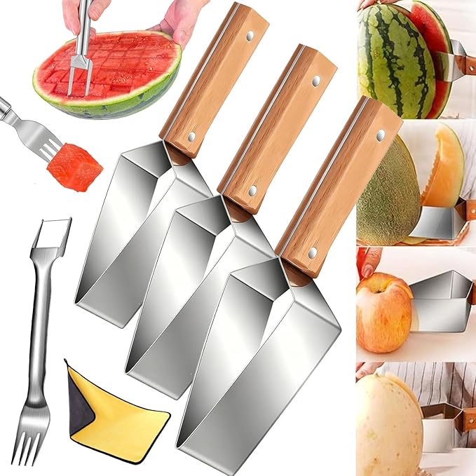 Triangle Watermelon Cutter, 2026 Upgraded Stainless Steel watermelon slicer with Wooden Handle, Summer Melon Cutter Melon Divider Tool, Multifunctional Fruit Cutter for Kitchen Gadgets (3pc)