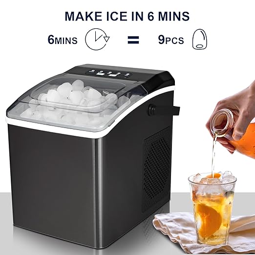 Koolatron KIM26-B Ice Makers Countertop, Portable Ice Maker, 26lbs/24Hrs 9 Bullet Ice Cubes Ready in 7 Mins, Self-Cleaning Function, L&S Size, with Ice Scoop and Basket, Perfect for Party, Black