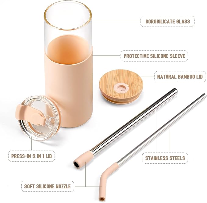 Kodrine 24oz Glass Tumbler with Lids and Straws|Bamboo & On the go Lid|Reusable Ice Coffee Cup with Silicone Sleeve, Glass Coffee Tumbler for Smoothie/Matcha, Dishwasher & BPA Free-Amber