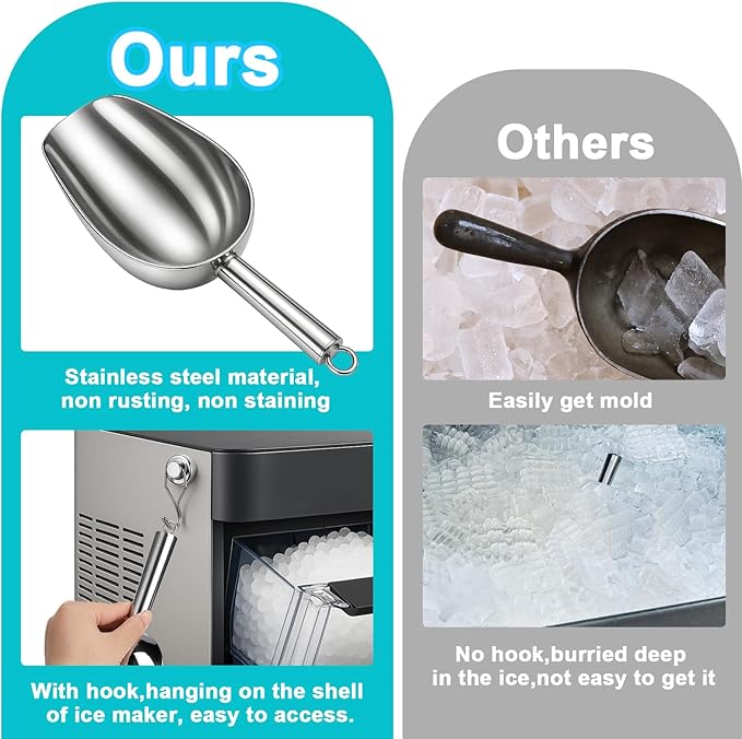 Stainless Steel Ice Scoop for Freezer with Magnetic Hook - Ice Scoop for GE Profile Opal 2.0 Nugget Ice Maker, for Kitchen Bar Party Accessories (12OZ-Silver)