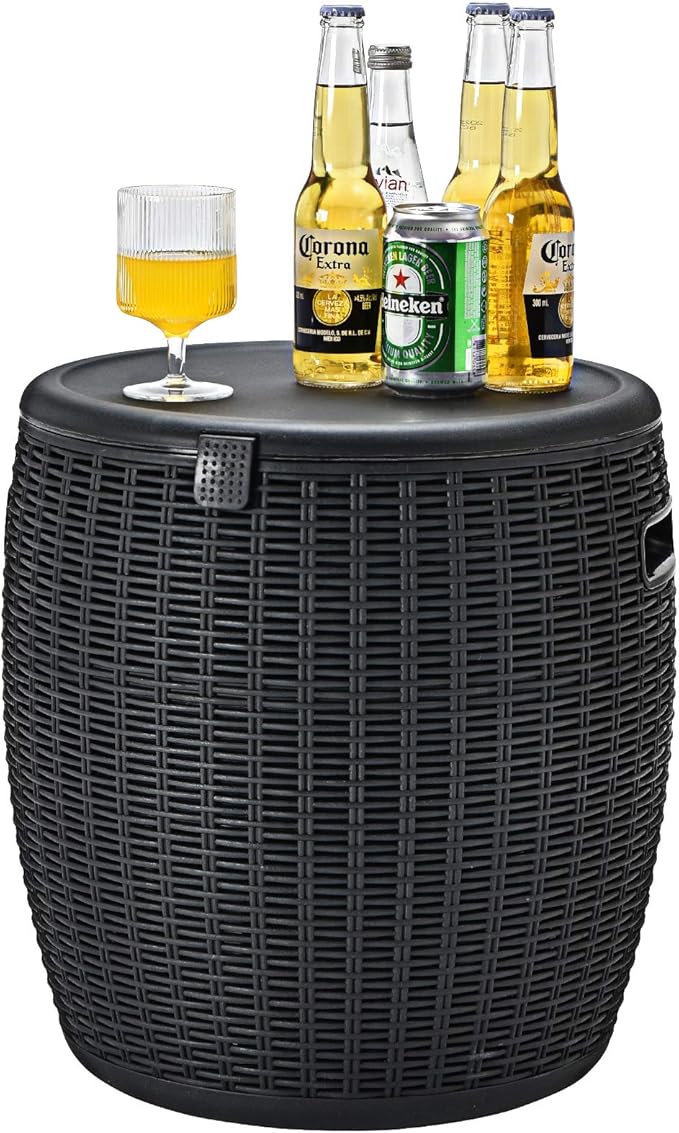 Giantex 9.5 Gallon Ice Cooler, Wicker Round Ice Chest, Outdoor Beer Wine Ice Bucket, Top Lid Side Handles Drainage Plug, Weather-resistant Patio Cool Bar Table for Cocktail Party Poolside Deck