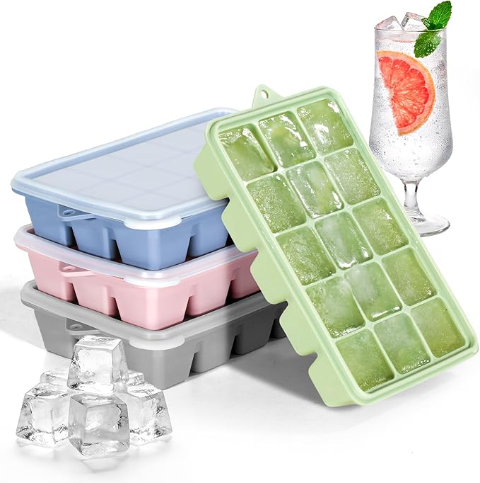 4 Pack Silicone Ice Cube Trays with Lid, Easy Release Ice Cube Trays for Freezer, Reusable and Stackable Silicone Ice Molds, Covered Ice Cube Trays for Cocktails, Whiskey, Coffee