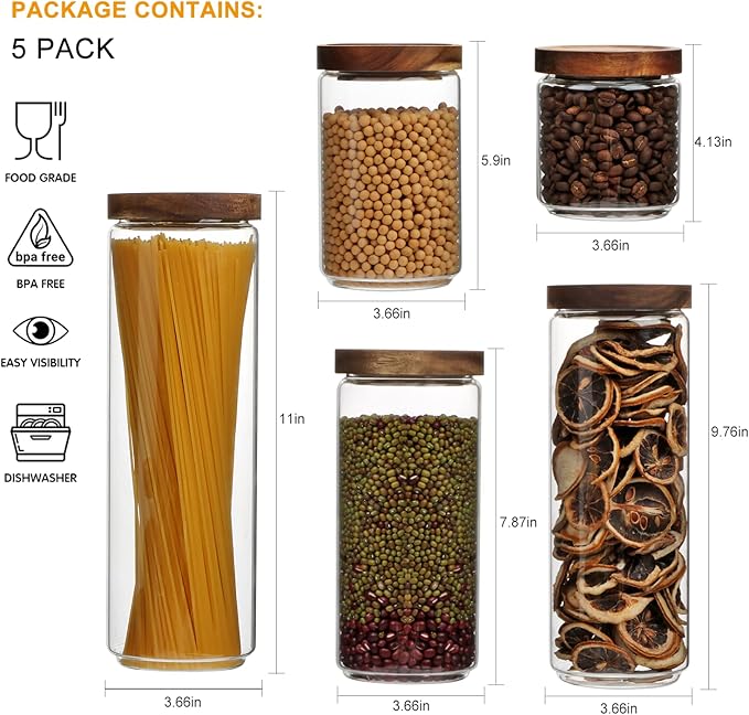 Flrolove Glass Canisters With Wooden Lids Kitchen Jars for Storage,Tea,Sugar and Coffee Container Set,Set of 5 Canisters for Candy, Cookie, Rice and Spice Jars