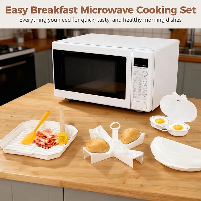 6 PCS Microwave Breakfast Cooking Set, Includes microwave egg cooker, Omelet Maker, Bacon Tray, Potato Rack, Silicone Spatula & Brush, Non-Stick and Easy-to-Use Microwave Egg Bacon Cooking Kit