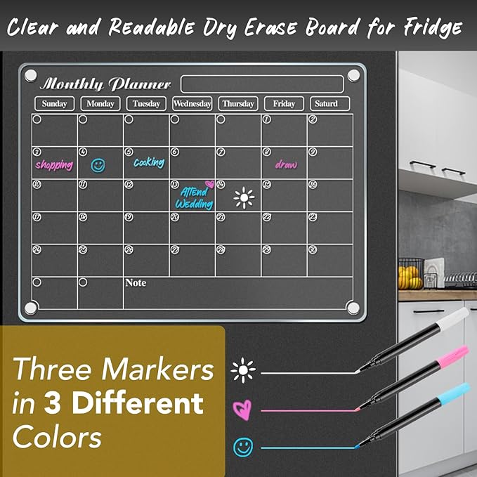 DIYMAG Magnetic Calendar for Refrigerator 4 PCS Dry Erase Whiteboard 15.2"x11.2" Magnet Fridge Wall Planners Planning Acrylic Clear Chalkboard Apartment Decor Meal Planner with 6 Colors Markers