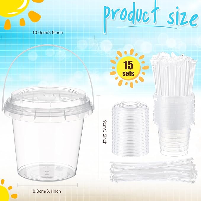Funnymoom 15 Set 16oz Clear Plastic Drink Buckets with Lids and Straws Disposable Iced Coffee Cups Rum Buckets for Cocktail Parties Smoothie Cup Bulk with Handles for Beach Pool Party Supplies