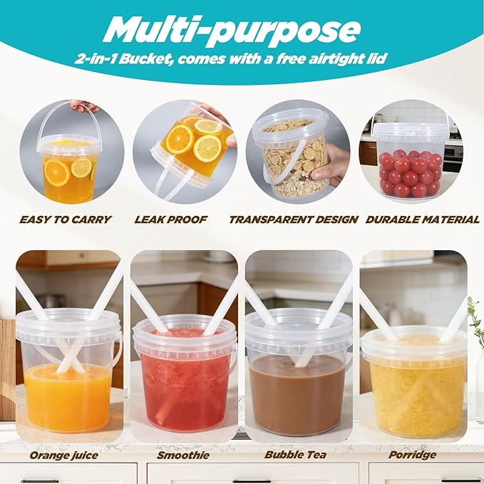 Clear Plastic Cups with Lid and Straw, Reusable Drink Bucket with Handle for Iced Coffee, Smoothie, Ice Cream - Sturdy Food Safe Party Cups for Pool, Beach, Birthday Parties (8Pack, 38 oz)